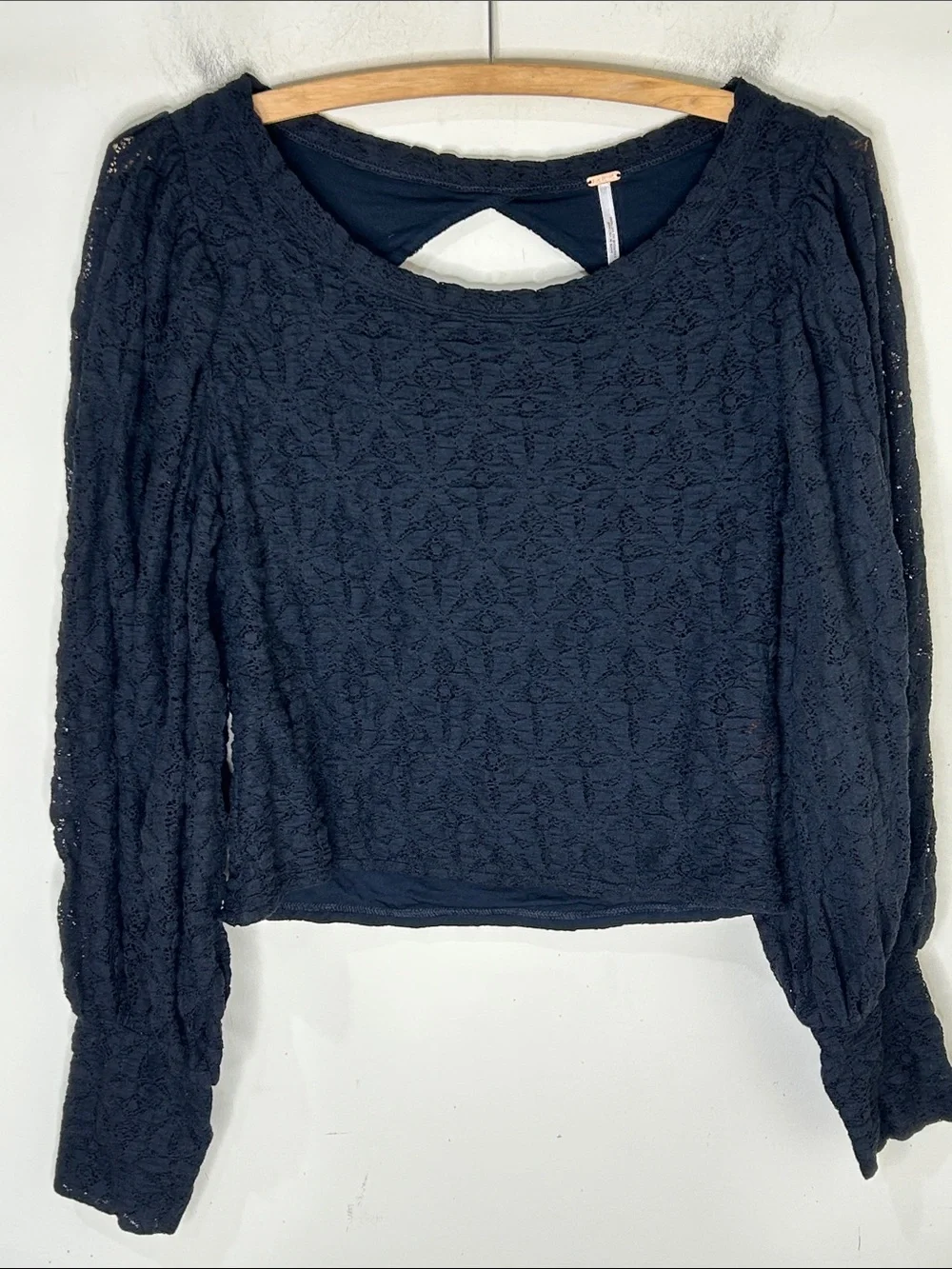 FREE PEOPLE Tea Time Lace Puff Sleeve Blouse Black Size Medium